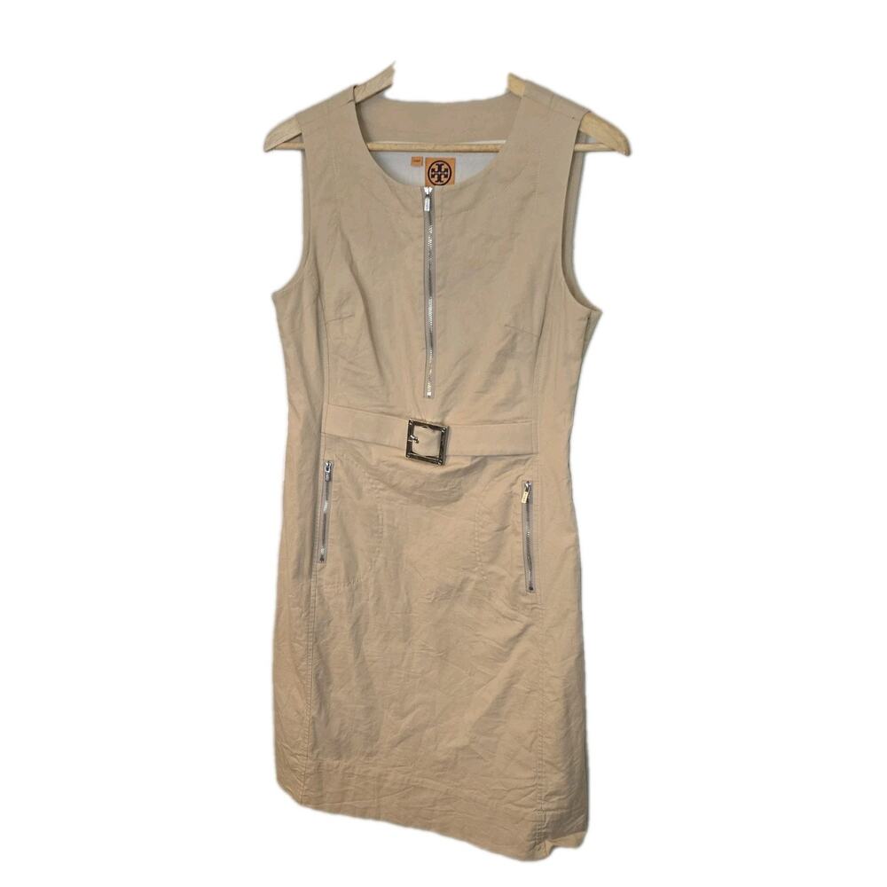 Tory Burch Sheath Dress Womens 8 Linen/Cotton Blend Silver Buckle Zippers.